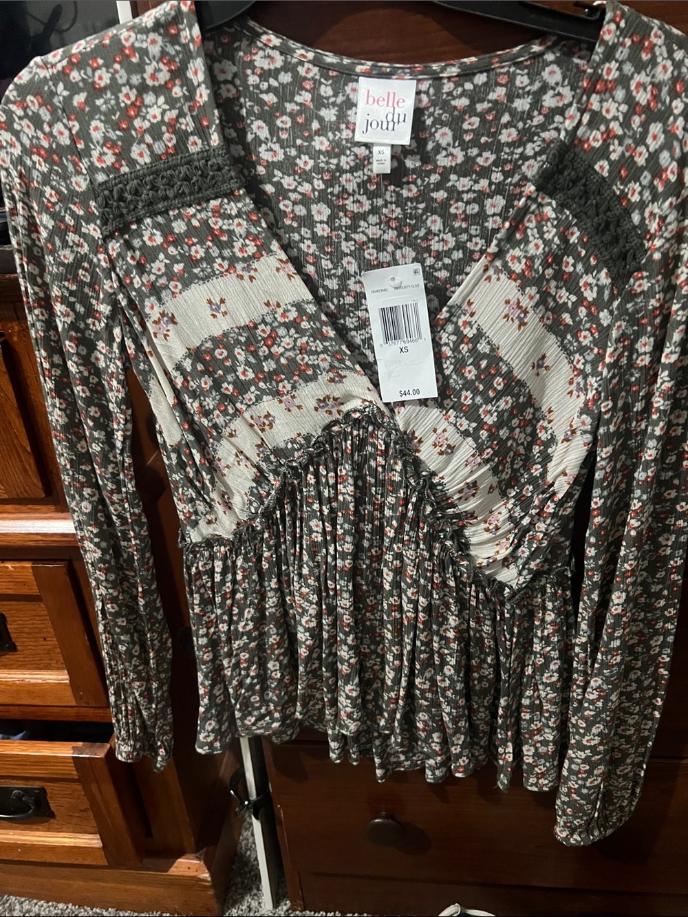 Belle Du Jour Olive Floral Peasant Blouse with Cream and Rust Accents